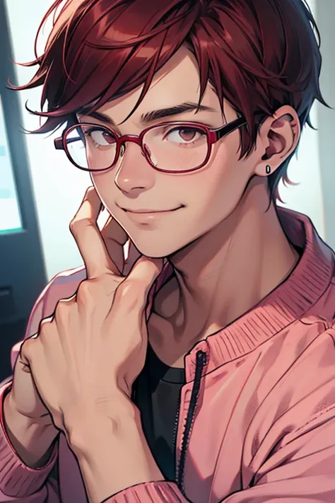  (RAW photo: 1.2), (Real photo), high resolution, close up, 独奏, anatomically correcte, 1 young man, maroon hair, flushed, slightly-smile, shy, earphone, Nerd, round glasses, pink sweatshirt, Brown eyes