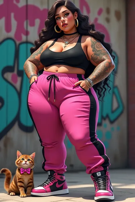 Please create an image a female character with baddie aesthetic. include a small, short haired brown tabby cat wearing a pink bow collar.

 Details of females appearance:

•  thick curvy body 

• pink & black joggers outfit

•large gold hoop earrings

• “T...