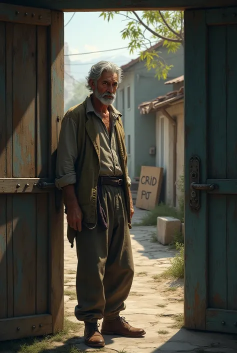 A man with gray hair, dressed in simple, worn-out clothes, He is standing at the entrance of a modest new home. Behind him, The street where he once lived fades away, with an old cardboard showing his past life. 

