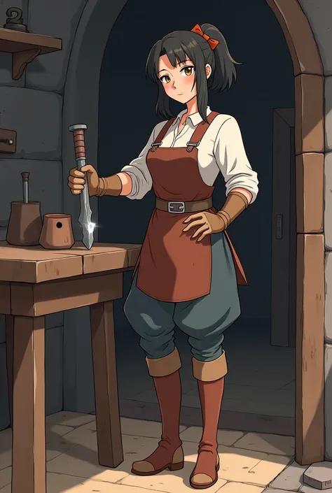 A female blacksmith, anime with a simple, cartoonish style that is cute yet mature, who has more visible clothing with characteristics of a medieval blacksmith, with not so big breasts with long gloves, boots away, one made by hand and also with a more mat...