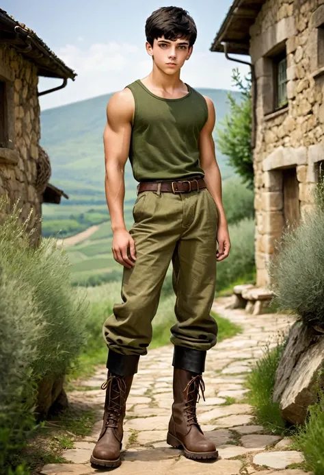 A teenager -bTall and very muscular, with short black hair, and very light brown eyes. Skin color with an olive tone . Clothes in shades of brown and dark green, made from rustic materials such as leather and linen. Wear sturdy boots that are durable and p...