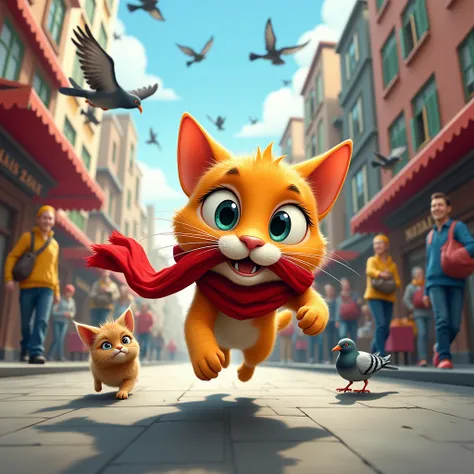 A large, wide-eyed cat is sprinting through a bustling city street, holding a bright red scarf in its mouth. The cat looks excited and mischievous, dodging between pedestrians and street vendors. Pigeons scatter and a small dog gives chase, adding to the c...