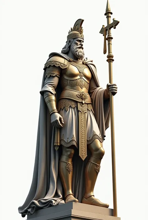 Create a white background image of an ancient statue of a war king, inspired by classical Greek or Roman sculptures. The statue must have an imposing and majestic appearance, with detailed armor and a commanding stance, symbolizing leadership and power. Ad...