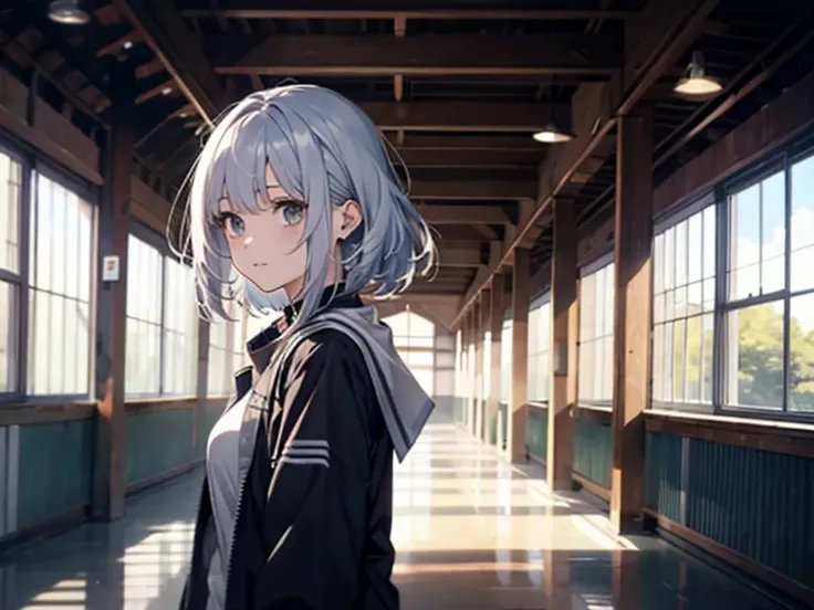 1 girl, alone, Female college student、Akane,Blue and silver hair