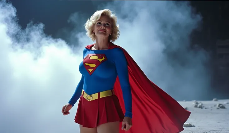 Supergirl 1984 film((((Supergirl with huge breasts at 60 years old)))), played by Helen Slater. Scene from the movie where Supergirl uses her super cold breath; Supergirl 1984 film, played by Helen Slater. 