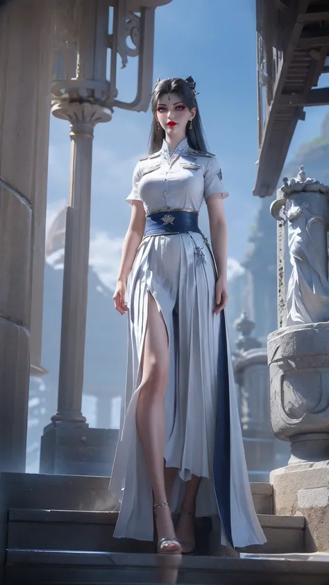 (Extremely detailed CG:1.2), (masterpiece:1.2), (best quality:1.2),,((absurd)),Looking at the audience,whole body, ,(1 Beauty),Solitary,(Long hair),(Mataiyong uniform),(White short sleeve shirt),(navy_Blue pleated skirt),(Long skirt),Dynamic Angle,permanen...