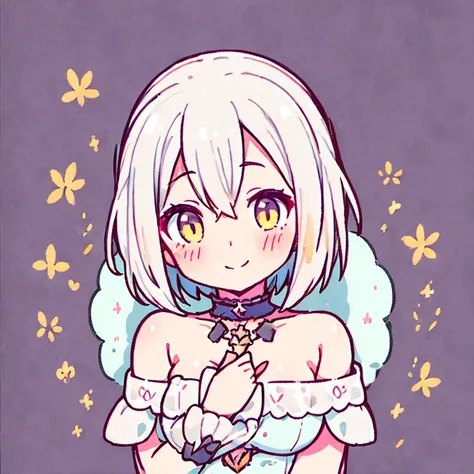 one girl, chest, white hair, yellow eyes, blushing, smiling, droopy eyes, short hair