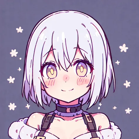 one girl, chest, white hair, yellow eyes, blushing, smiling, droopy eyes, short hair