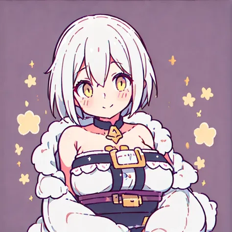 one girl, chest, white hair, yellow eyes, blushing, smiling, droopy eyes, short hair