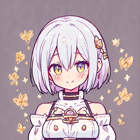 one girl, chest, white hair, yellow eyes, blushing, smiling, droopy eyes, short hair