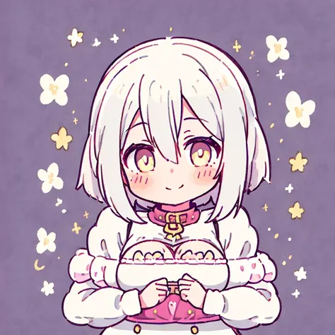 one girl, chest, white hair, yellow eyes, blushing, smiling, droopy eyes, short hair