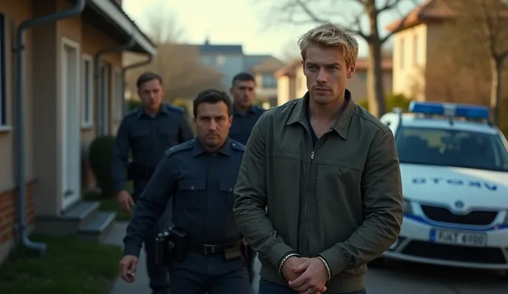 Oleg(blond, green eyes, square face, broad back), handcuffed, being led out of his home by police officers, April morning, in a residential area, with a police car and officers in uniform, hyper-realistic, photo realism, cinematography -- ar 9:16