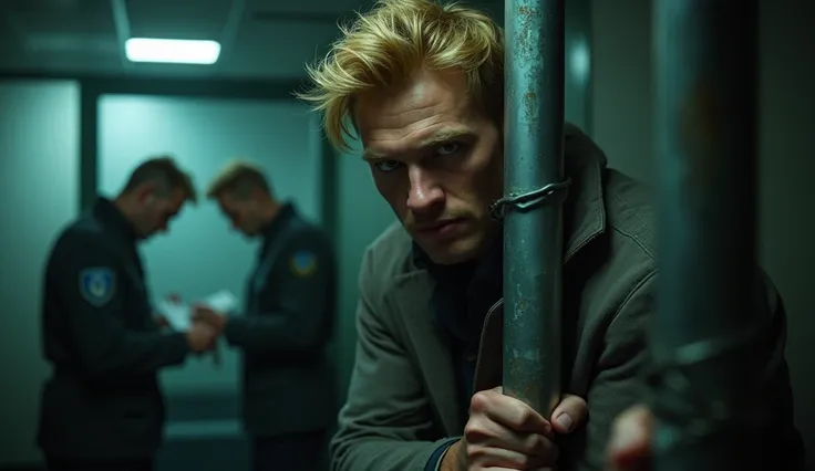 Oleg(blond, green eyes, square face, broad back), handcuffed and chained to a metal pipe, inside a dimly lit police station, April, with officers filling out paperwork, hyper-realistic, photo realism, cinematography -- ar 9:16