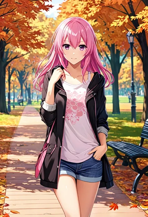 Megurine Luka, cute, casual clothes, pink hair, sexy, morning, autumn park

