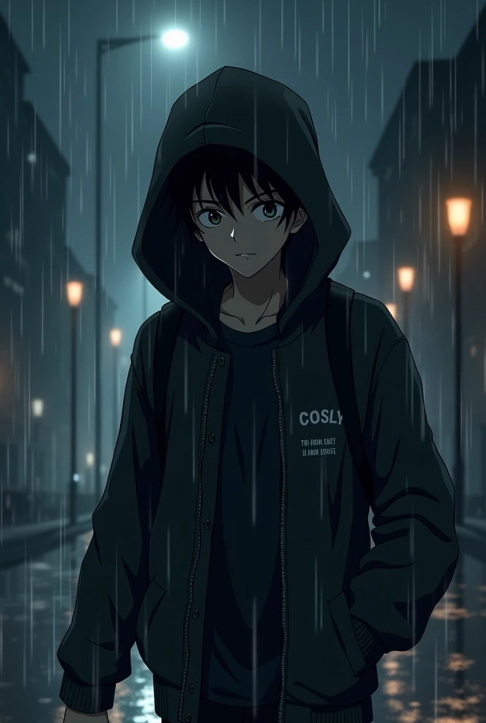 hacker anime character eren yeageri walking in the rain with cosly written on his jacket as anime visual. Let the surroundings be very dark and let&#39;s see only the character&#39;s face and hood 