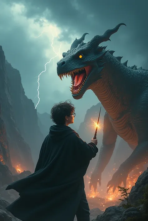 Harry Potter fighting a dragon with his magic wand 