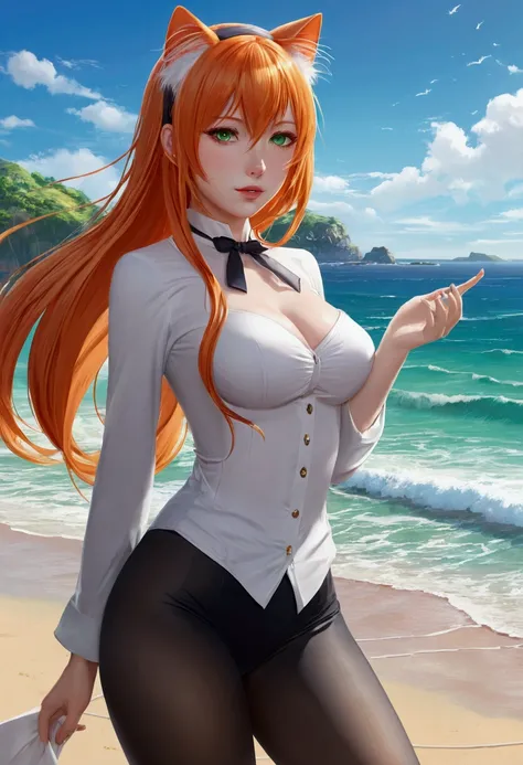 anime girl with long orange hair standing on beach near ocean, green eyes detailed digital anime art, cat ears, , anime girl with long hair, smooth anime cg art, anime girl with long hair, average breast size, digital anime art, artwork in the style of guw...