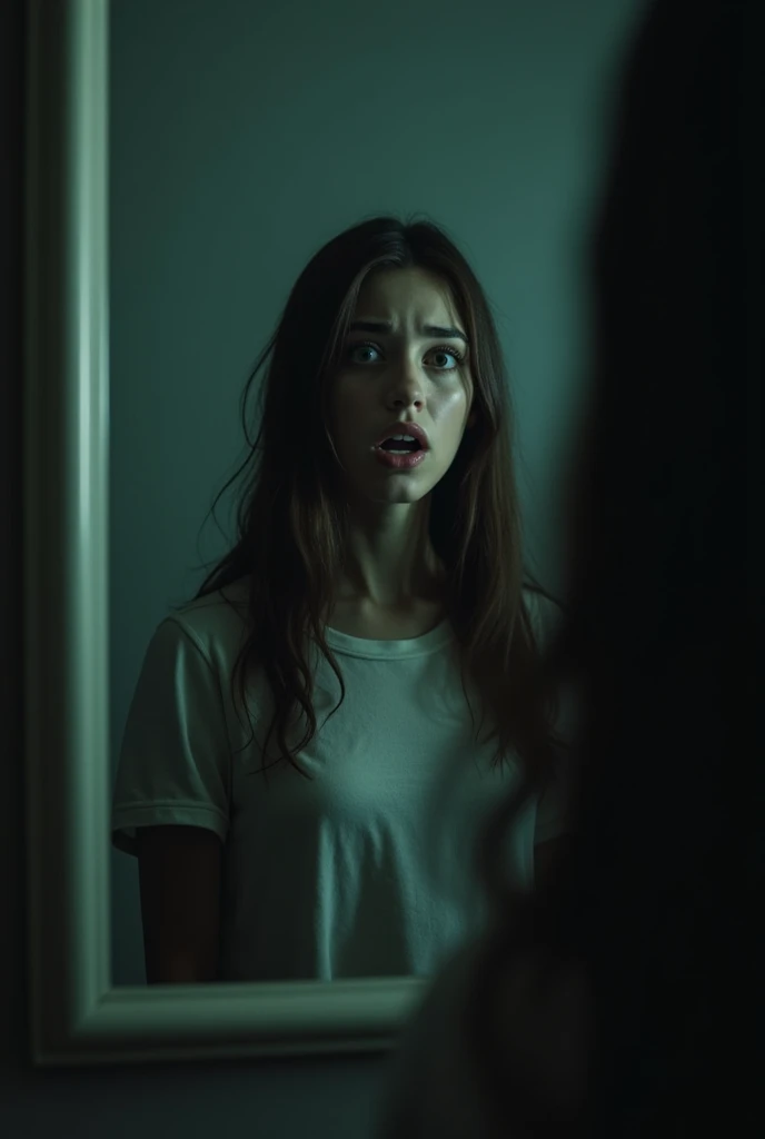 A person staring into a mirror with a look of fear and surprise, as a sinister shadow looms behind them. The primary subject is a young woman with wide eyes and trembling lips, her reflection distorted by fear and uncertainty. The scene is captured in a ch...