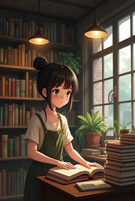 An old and cozy bookstore, with dark wood shelves that stretch to the ceiling, full of books with old covers and yellowed pages. The soft evening light enters through the large windows, creating an atmosphere of nostalgia and tranquility. A woman young, ap...