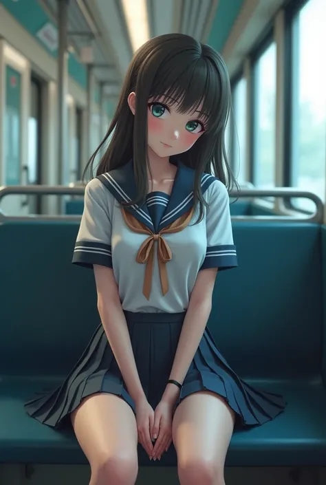 Teenager Schoolgirl in uniform sitting on a subway train seat, facing the viewer. Her legs are slightly open, allowing the viewer to see her panties. Below-the-waist framing, 8k, hyper-realistic.