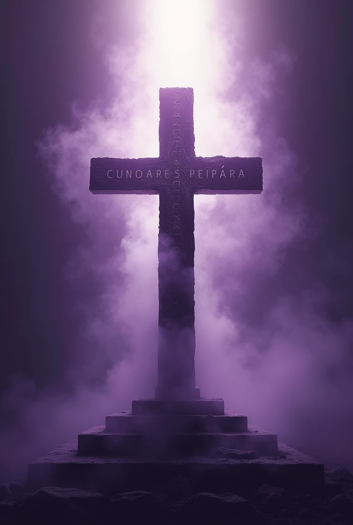 Create an image of a purple background with smoky black with a light coming from above illuminating a cross written in PORTUGUESE (JESUS IS THE SAME YESTERDAY, TODAY AND FOREVER )