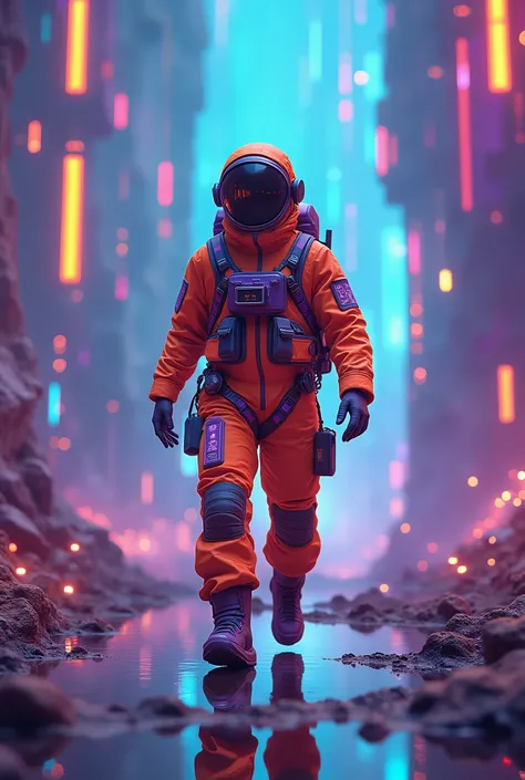 An orange and purple cosmonaut in a futuristic blockchain and NFT CRYPTOMONAIE universe