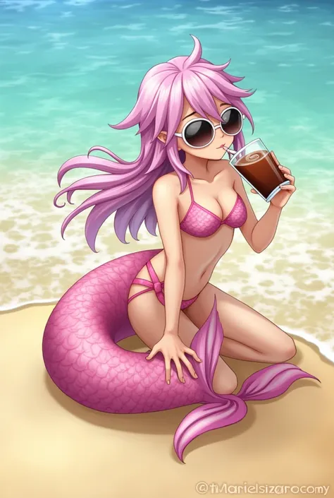 Pink-tailed mermaid drinks brown juice and wears sunglasses on the beach