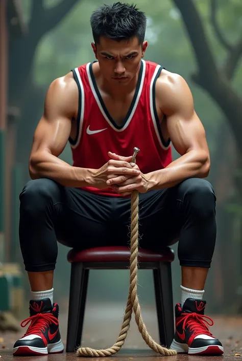 A young man in his 35s，man，Height 185，Asian，sit on the chair，God&#39;s perspective，Eyes are about to face each other，Chinese，Muscle tissue，Lift one foot，Wearing a red and white Nike basketball vest，black basketball pants，Red, Black and white Nike high-top ...