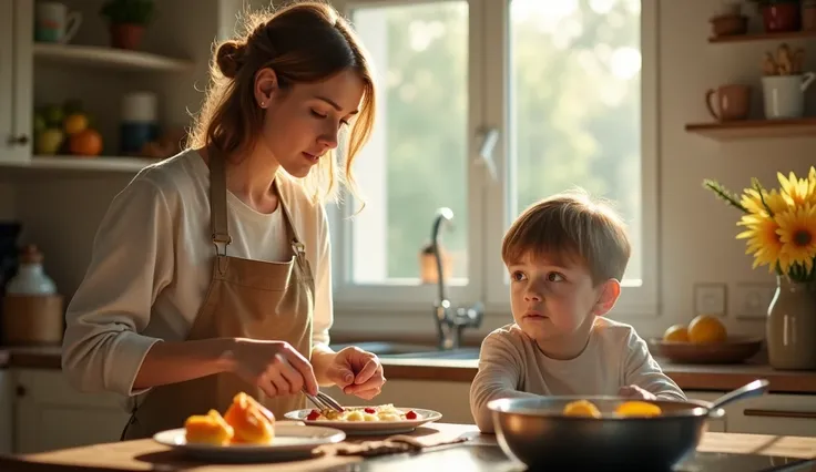 A realistic photograph of a woman in her early thirties with light brown hair and green eyes, preparing breakfast in a cozy kitchen. Her young son, a five-year-old boy with brown hair and brown eyes, sits at the table, looking excited for the meal —ar 16:9...