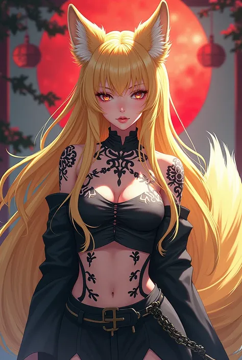 anime female kitsune with blonde hair and black tattoos