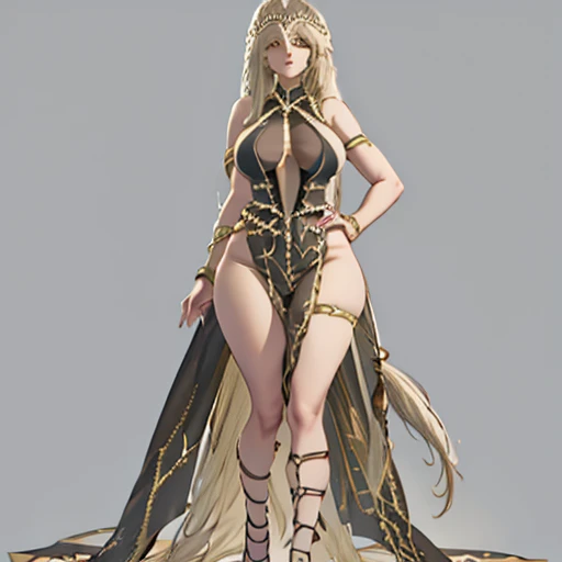 massive hips, hyper thighs, hyper ass, staring lustfully,((extremely long platinum blonde hair)), hair touching the ground, golden eyes, long black dress, ((masterpiece)), castle ruins background, cloudy, looking down at viewer lovingly, beautiful facial f...