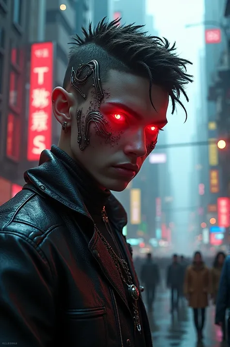 A young man, Eyes red, cyberpunk features, in a Cyberpunk setting 