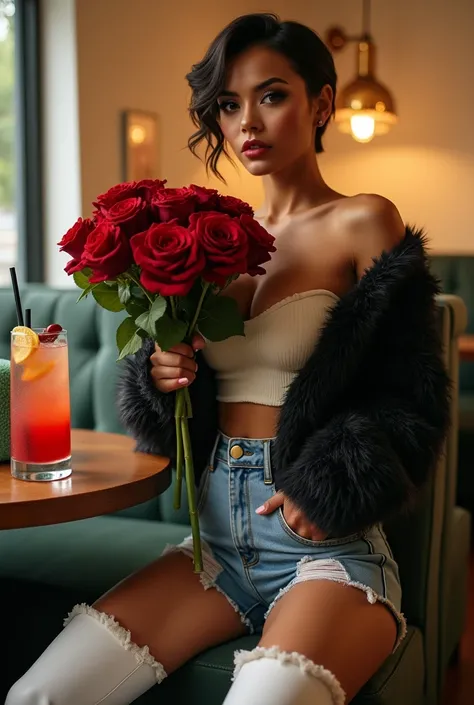 Hot model wearing fuzzy black and white crop jacket with sleeves high waist ripped denim jeans  heavy make-up, collared, sexy skinny hour glass body figure, , sexy legs, pretty face, Bomb, Sexy body, sensual look, cozy restaurant beige aesthetic, fuzzy pho...