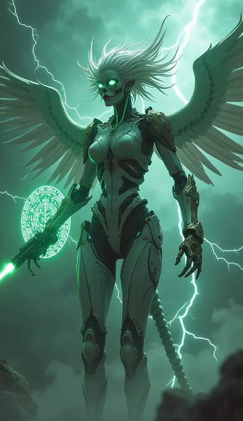 The image captures a breathtaking scene of a harpy ladys skeletal form soaring through a tumultuous thunderstorm, her emerald green eyes glowing with fierce determination. Clad in a futuristic, robotic space suit adorned with intricate Celtic symbols, she ...