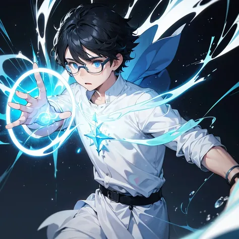 a boy with black hair and glasses manipulating several currents made of magical energy, fully body, Challenging Expression, blue colored eyes, white  clothes, religious clothing, White Mage