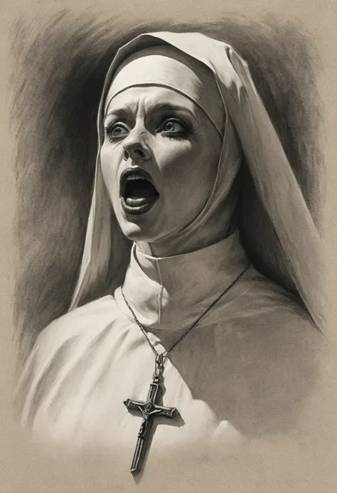 a nun with huge penis, penis in priest's mouth, graphite style on old paper, deep shadows, professional illustration, creepy, si...