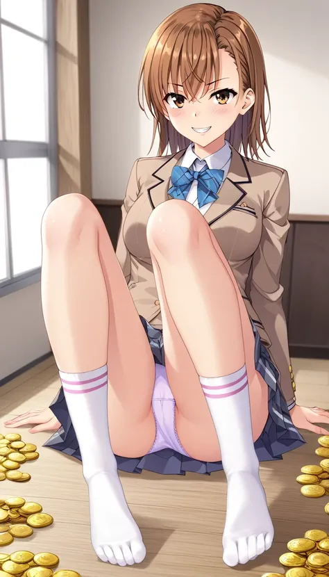 Ultra-high definition image quality、beautiful girl、Misaka Mikoto、high school girl、A Certain Scientific Railgun 、Brown blazer uniform、Short pleated skirt、Schoolyard、Highest quality,Stand with your feet apart、Jump、A sharp face、4K quality、Ultra HD、White knee ...