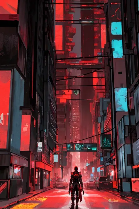 Create a cyberpunk city setting that highlights the red colors, Aspect ratio 16:9