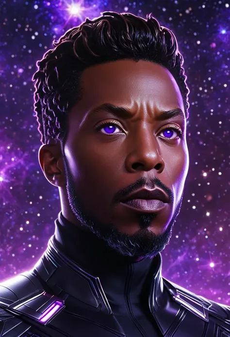 hyper-realistic marvel what if? comic panel: t'challa as star-lord, resplendent in a sleek, form-fitting black suit with glowing...