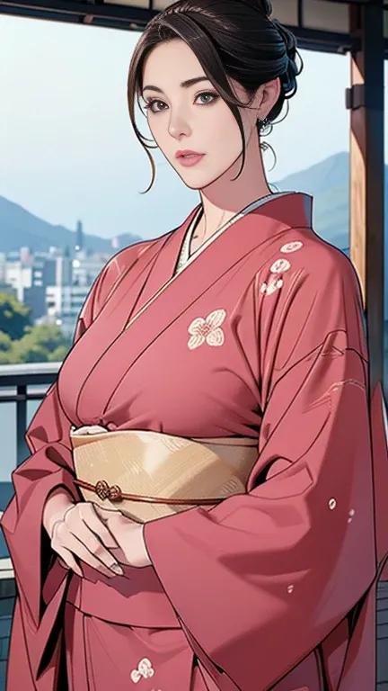 1，Japanese hairstyle，Photorealism，detailed，masterpiece，mature，((full))， (Broad shoulders), ((Huge))，プラスサイズのmature女性，expensive，30 years old，Pretty face, (Plump woman)，Beautiful long-sleeved kimono，kimono，Hold your chest with both hands:1，high quality，Are st...