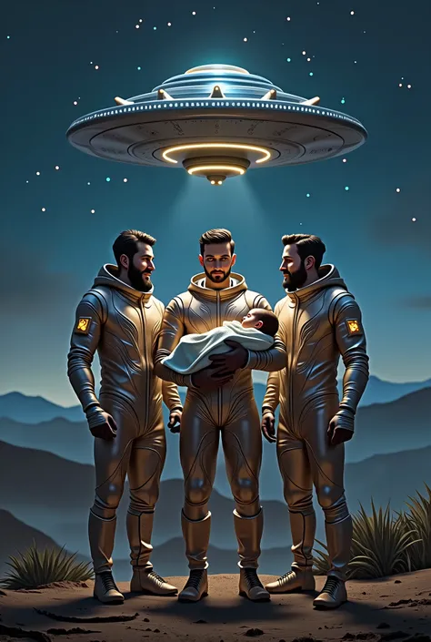 Three male astronauts resembling the three wise men, standing, one of them with a baby in her arms, behind them at night landscape with a flying saucer