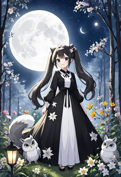 Monotone world、A world in black and white、In the mysterious forest、Lots of flowers、Mysterious long hair、Beautiful girl with twin tails、smile、looking at the camera。Long dress、full moon、shooting star、milky way、Big Owl、Cute squirrel、全てA world in black and whi...