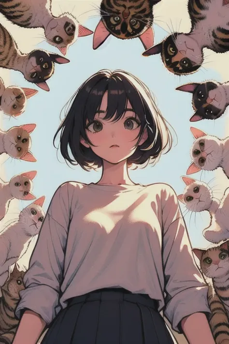 (masterpiece, highest quality), one girl,    surrounded by cats,