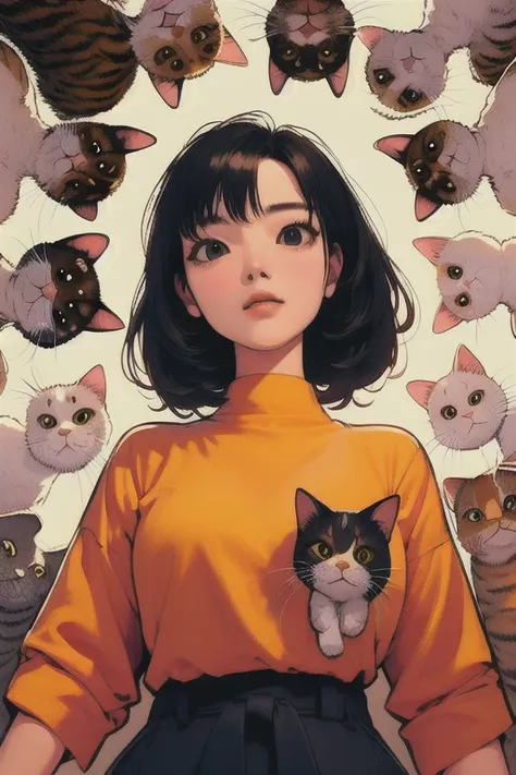 (masterpiece, highest quality), one girl,    surrounded by cats,