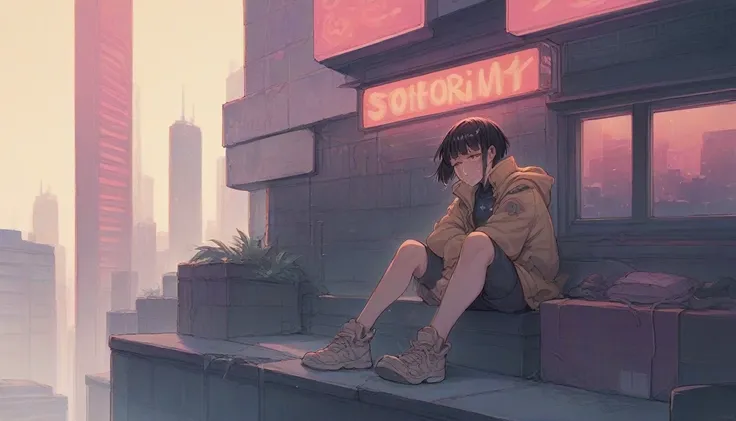 Girl on the roof of a skyscraper, sits crying from grief, dressed in dark clothes, black hair bob haircut, Cyberpunk city, lots of neon signs and advertising, there is no one around her, light is visible in the neighboring buildings, it&#39;s raining and t...