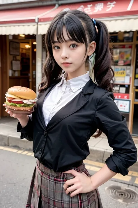 (best quality, masterpiece, 8k), little chubby, roughing, babymetal, moametal, hamburger shop, clerk, tartan check uniform, {{{{...