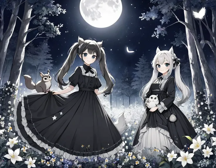 All in a monochrome world、A world in black and white、In the mysterious forest、Lots of flowers、Mysterious long hair、Beautiful girl with twin tails、smile、looking at the camera。Long dress、full moon、shooting star、milky way、Big Owl、Cute squirrel、全てA world in bl...