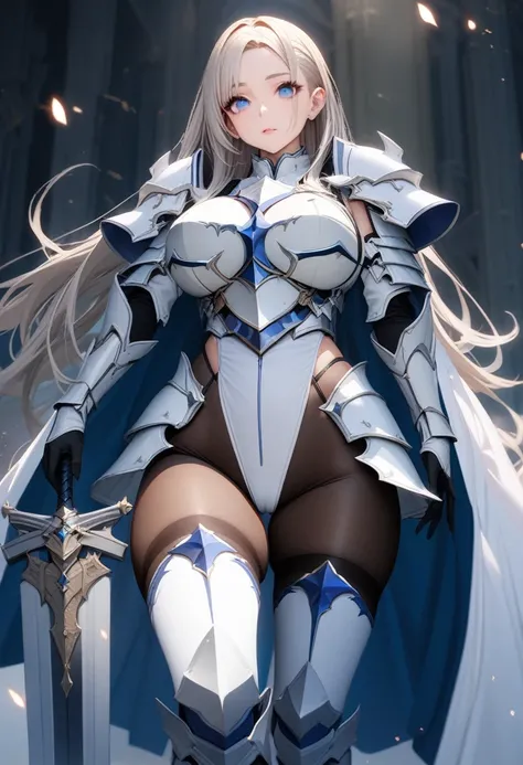 ((UHD)),((masterpiece)),((highest quality)),((8k)),(solo),1girl,perfect face,((white paladin armor:1.3)),((armored breastplate)),((highcut:1.5)),((sidecut:1.5)),((platinum blonde long hair)),((parted bangs)),((Heavy large breasts)),((Ultra high leg inguina...