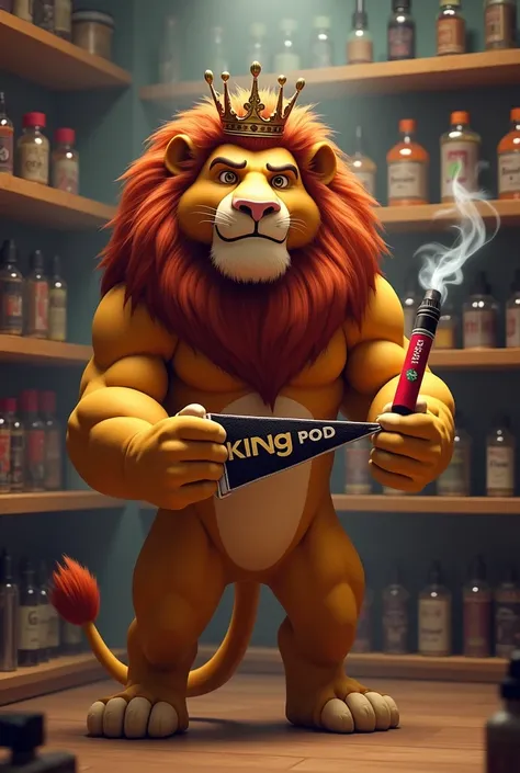 Disney Pixar A muscular crowned lion holding a disposable electronic cigarette in one paw and in the other paw a pennant pointing to it with the name King Pod, inside a room with shelves full of electronic cigarettes on display 