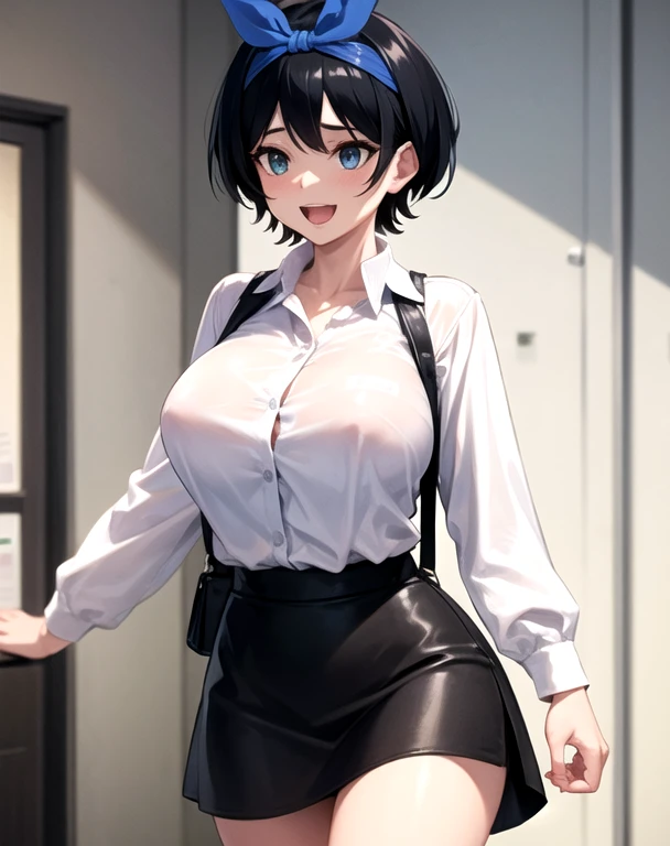 work of art, best qualityer, Kizi, leather skirt and white shirt , headband, 
 (mature woman:1.3),  breasts big, 
shorth hair, Bblack hair,  blue colored eyes , :d,
Riu, flowers